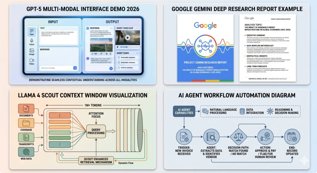 GPT-5 multi-modal interface demo 2026
Google Gemini Deep Research report example
Llama 4 Scout context window visualization
AI agent workflow automation diagram
Latest AI Updates April 2026