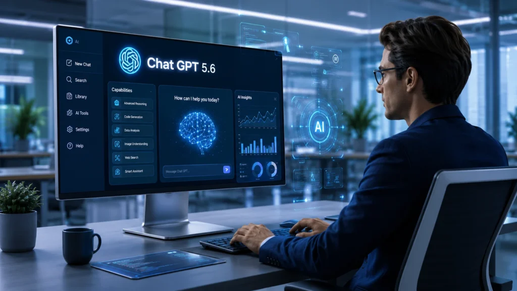 Chat GPT 5.6 AI assistant displayed on a modern workstation.