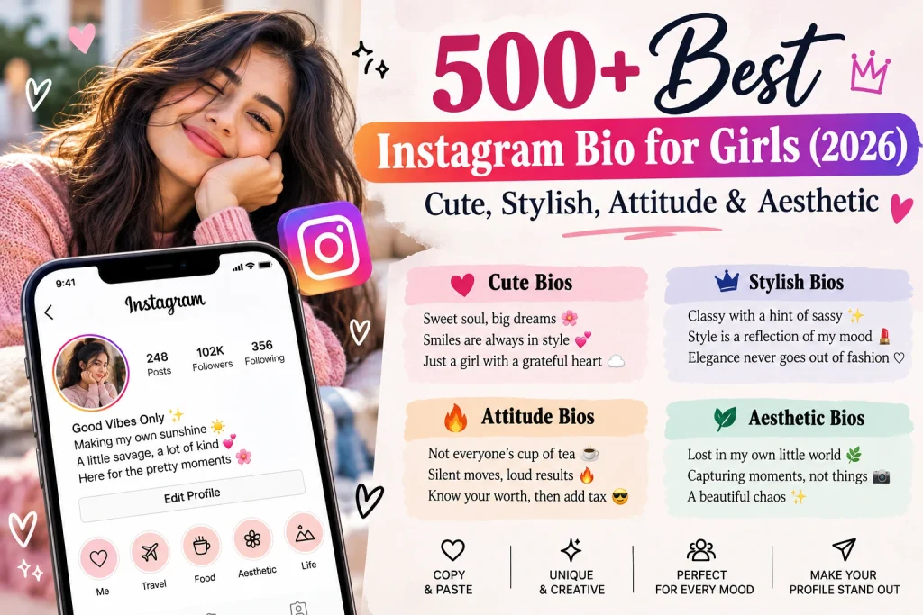 500+ Best Instagram Bio for Girls (2026): Cute, Stylish, Attitude & Aesthetic